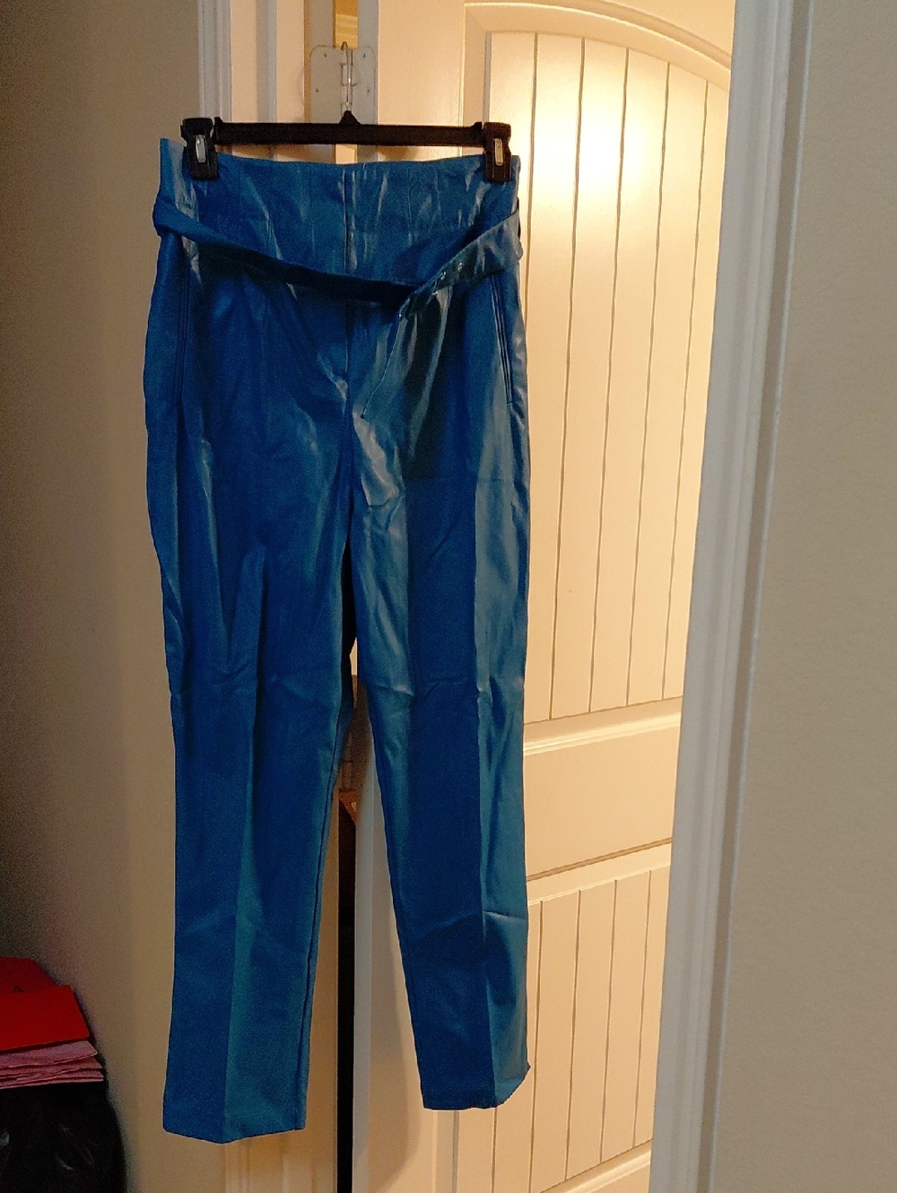Women’s High-Rise PleatherTapered Pants — Blue. Size Large